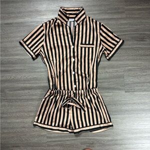 Satin Striped Short Sleeve Pajamas Set Shorts Button-Up